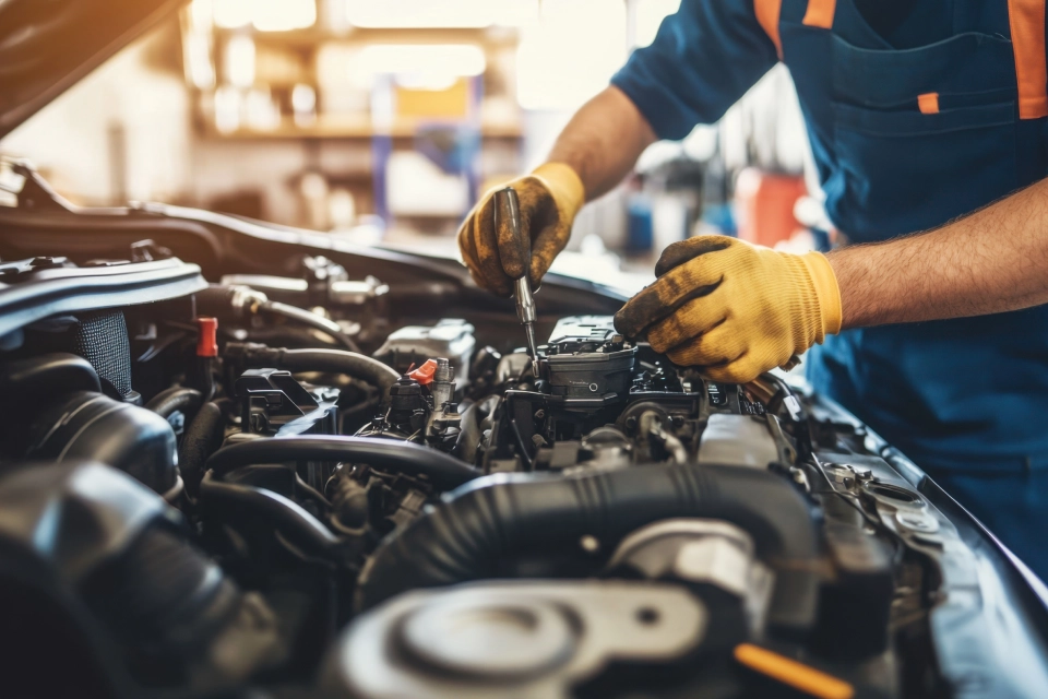 Mekaniker arbetar med motor under bilservice
